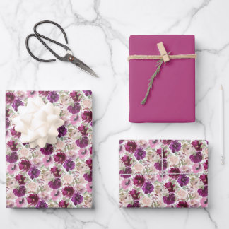 Pink Magenta Watercolor Floral Wrapping Paper Sheet