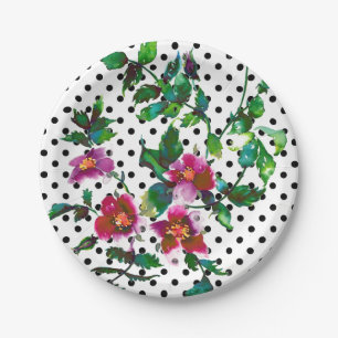 Pink magenta watercolor roses retro polka dots paper plate