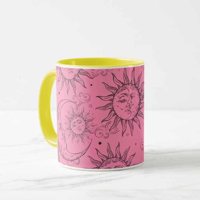 Pink Magic Vintage Celestial Sun Moon Stars Mug (Front Left)
