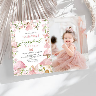 Pink Magical Forest Fairy First Birthday Photo Invitation