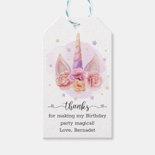 Pink Magical Unicorn Floral Horn Birthday Gift Tags