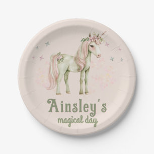 Pink Magical Unicorn Personalized Birthday Paper Plate