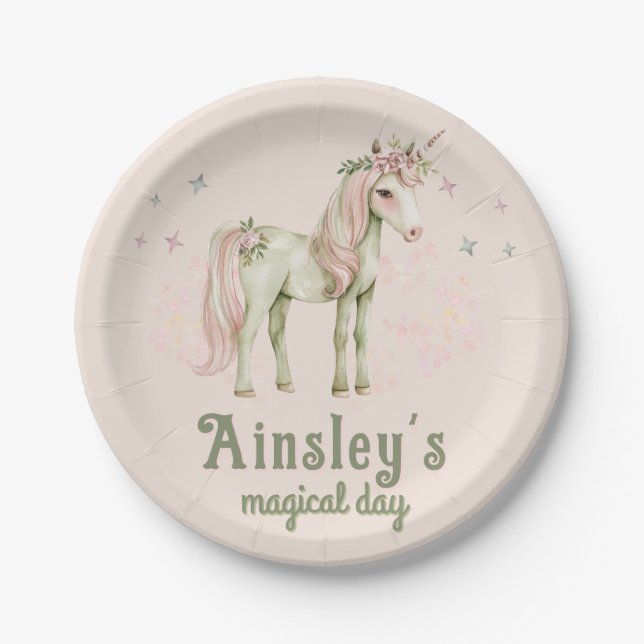 Pink Magical Unicorn Personalized Birthday Paper Plate (Front)
