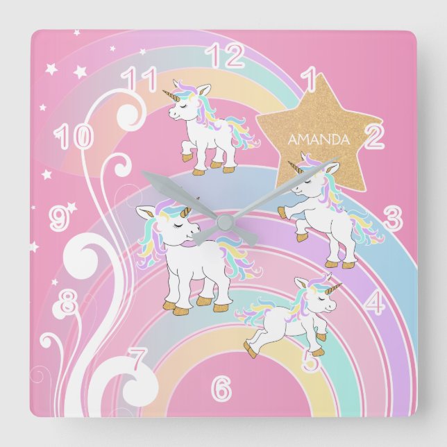 Pink Magical 🦄 Unicorn Square Wall Clock (Front)