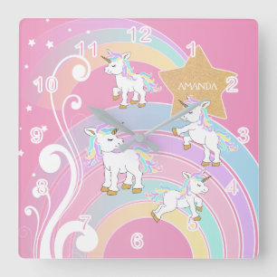 Pink Magical Unicorns Square Wall Clock