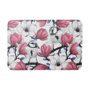 Pink magnolia and blue tit birds bath mat