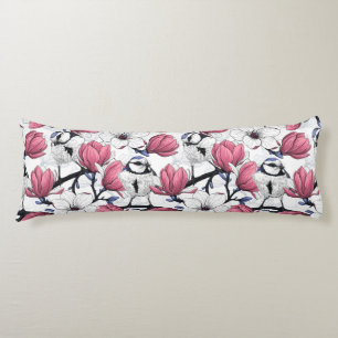 Pink magnolia and blue tit birds body pillow