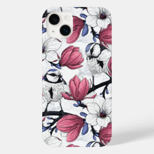Pink magnolia and blue tit birds Case-Mate iPhone 14 plus case