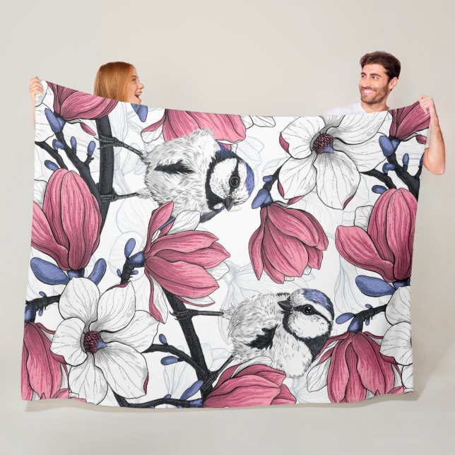 Pink magnolia and blue tit birds fleece blanket (In Situ)