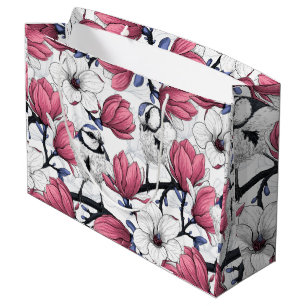 Pink magnolia and blue tit birds large gift bag