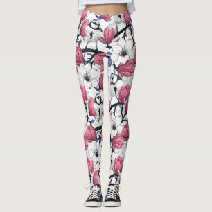 Pink magnolia and blue tit birds leggings