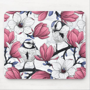 Pink magnolia and blue tit birds mouse pad