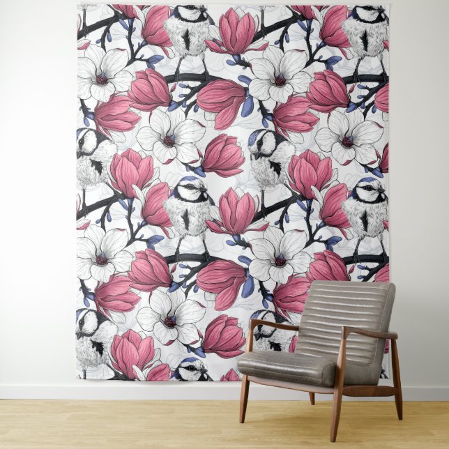 Pink magnolia and blue tit birds tapestry (In Situ)