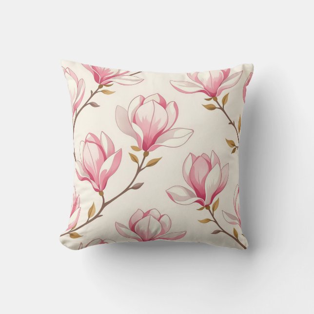 Pink Magnolia Blossom Pattern Throw Pillow (Front)