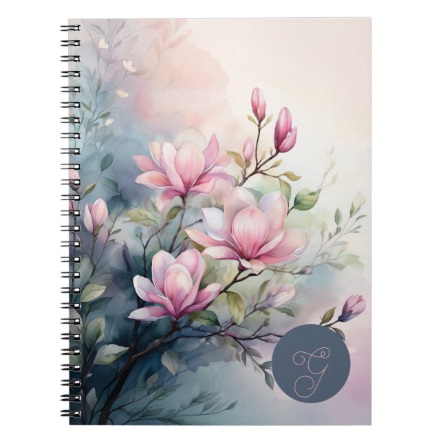 Pink Magnolia Blossoms Botanical Monogrammed Notebook (Front)