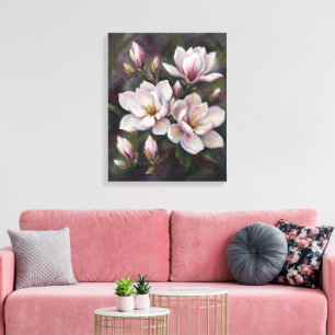 Pink Magnolia Blossoms Dark Floral Oil Painting Canvas Print