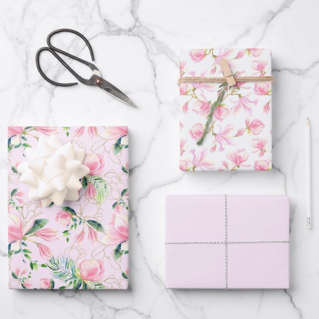 Pink Magnolia Blossoms Spring Bridal Shower Wrapping Paper Sheet (Front)