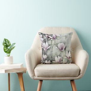 Pink magnolia branch drawing grey black backgound throw pillow