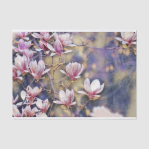 Pink magnolia branch watercolor purple background tissue paper