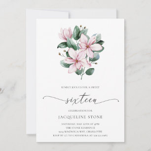 Pink Magnolia Floral Elegant Sweet Sixteen Invitation