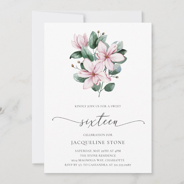 Pink Magnolia Floral Elegant Sweet Sixteen Invitation (Front)