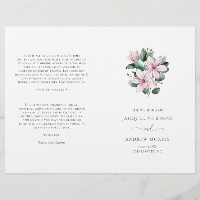 Pink Magnolia Floral Programme de mariage plié (Devant)