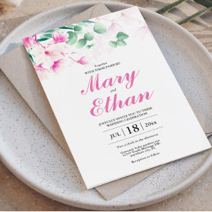 Pink Magnolia Floral Watercolor Wedding Invitation