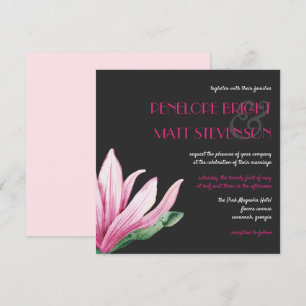 Pink Magnolia Flower In Bloom   Grey Wedding Invitation