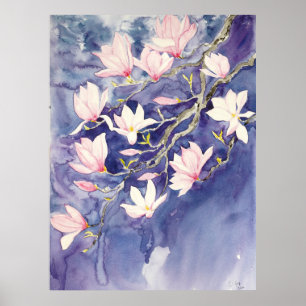 pink magnolia flowers in purple background  poster