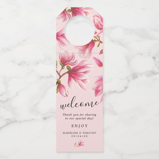 Pink Magnolia Flowers Monogram Wedding Favour Bottle Tag (Front)
