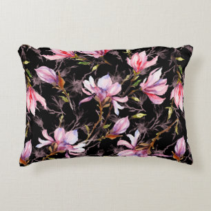 Pink magnolia flowers on a twig pattern accent pillow