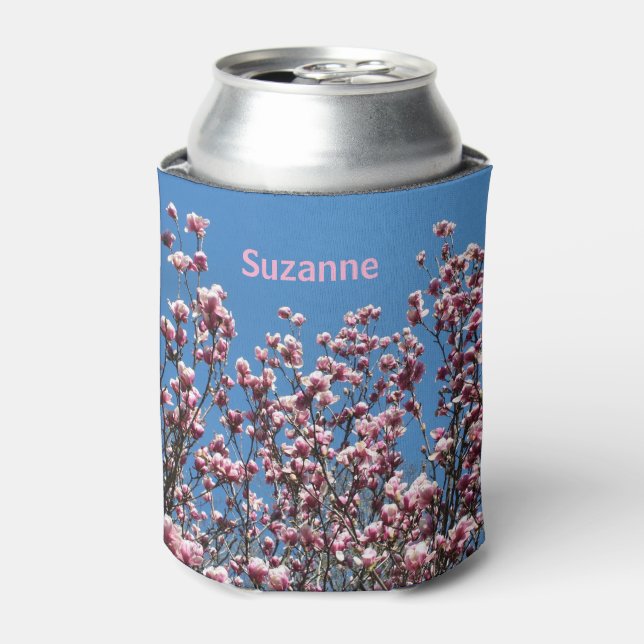Pink Magnolia Flowers Personalized  Can Cooler (Can Front)