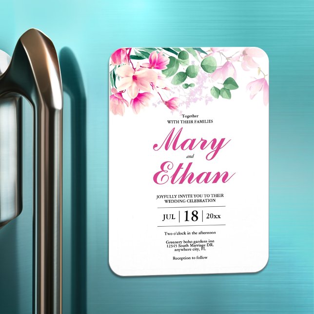 Pink Magnolia Flowers Wedding Natural Invitation Magnet (Creator Uploaded)