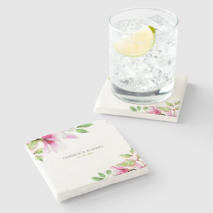 Pink magnolia frame stone coaster