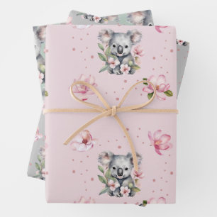 Pink Magnolia Koala Bear Watercolor Gift Wrapping Paper Sheet