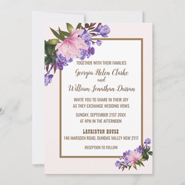 Pink Magnolia Lavender Floral Wedding Invitation (Front)