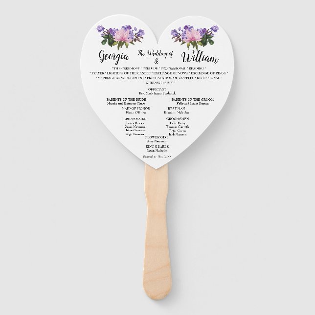 Pink Magnolia Lavender Floral Wedding Menu Fan (Front)