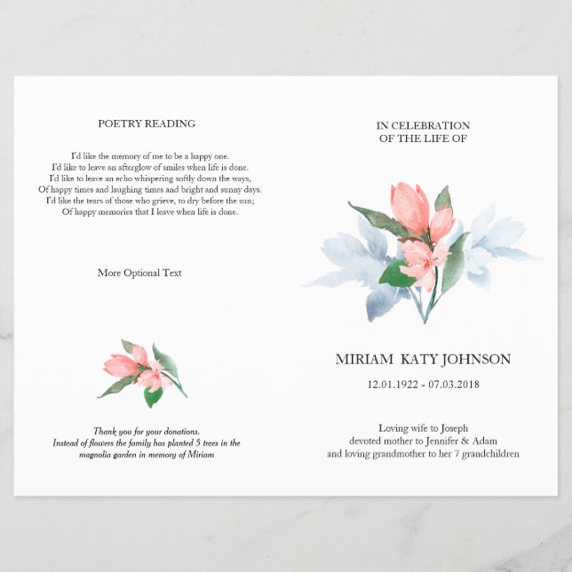 Pink magnolia & ombre reflections folding memorial flyer (Front)