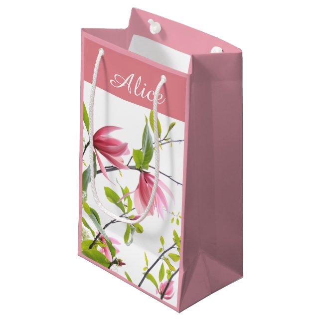 Pink magnolia personalized gift bag (Front Angled)