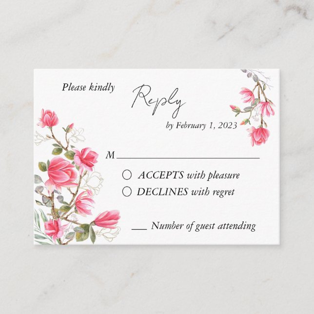 Pink Magnolia RSVP insert card for wedding  (Front)