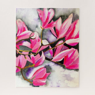 Pink Magnolia watercolor art Jigsaw Puzzle
