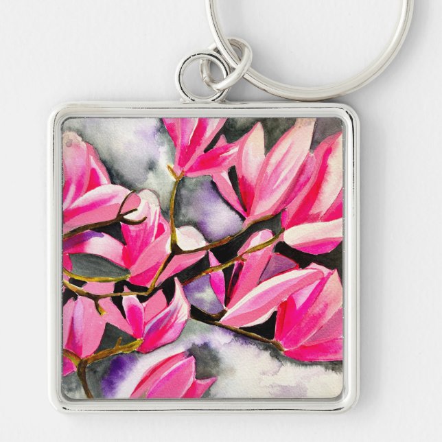 Pink Magnolia watercolor Keychain (Front)