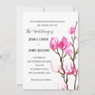 Pink Magnolia Watercolor Rustic Wedding Invitation