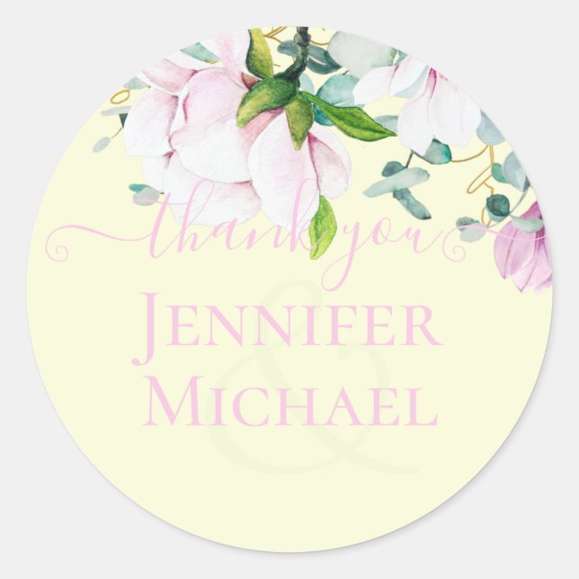 Pink Magnolia with Yellow Wedding Favour Gift Than Classic Round Sticker (Front)