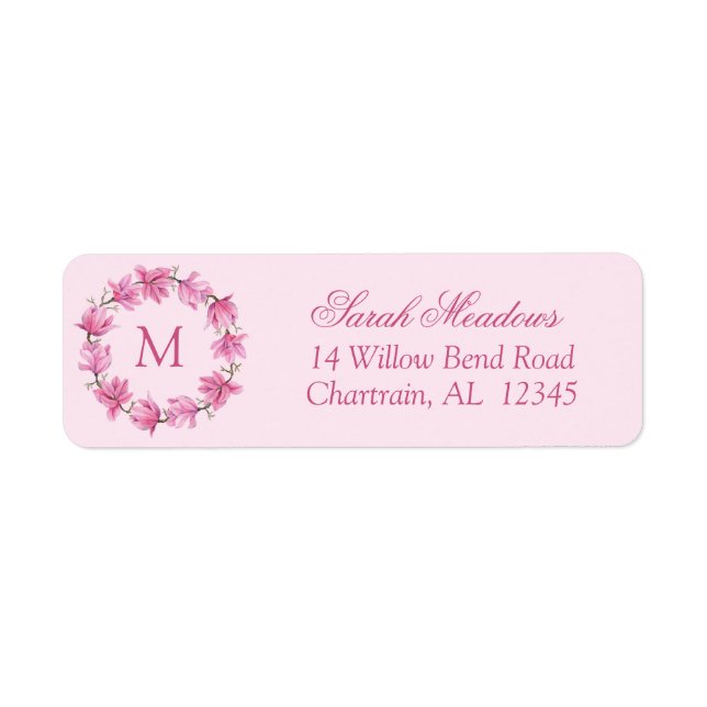 Pink Magnolia Wreath Custom Return Address Label (Front)