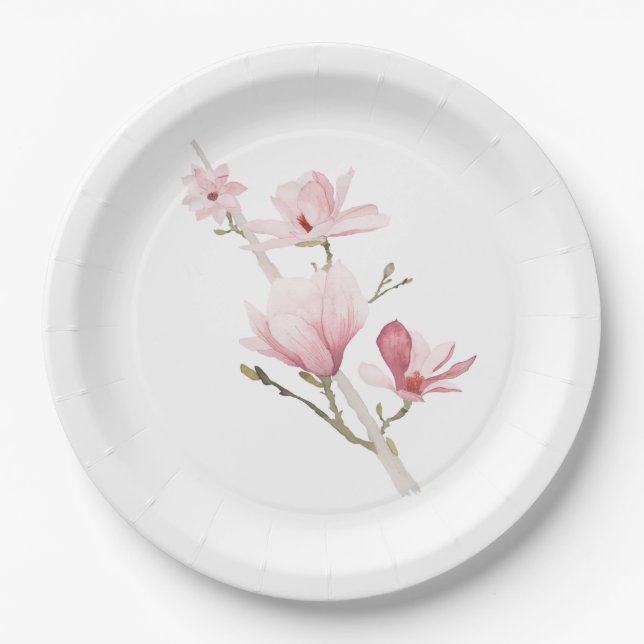 Pink Magnolias and Greenery Paper Plates (Front)