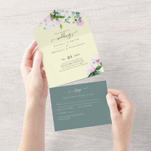 Pink Magnolias Floral and Yellow Wedding Invite