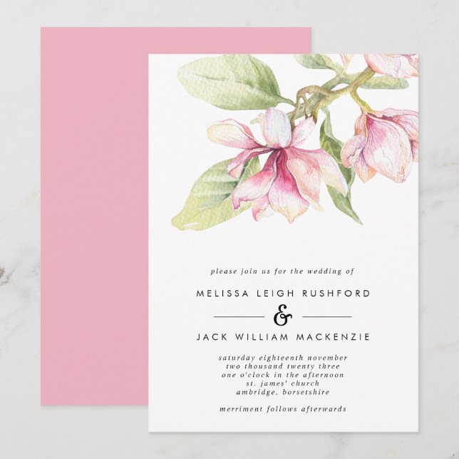 Pink Magnolias Floral  Wedding Invitation (Front/Back)