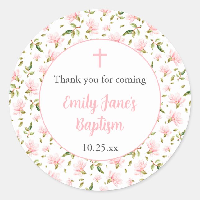 Pink Magnolias girl baptism thank you sticker (Devant)