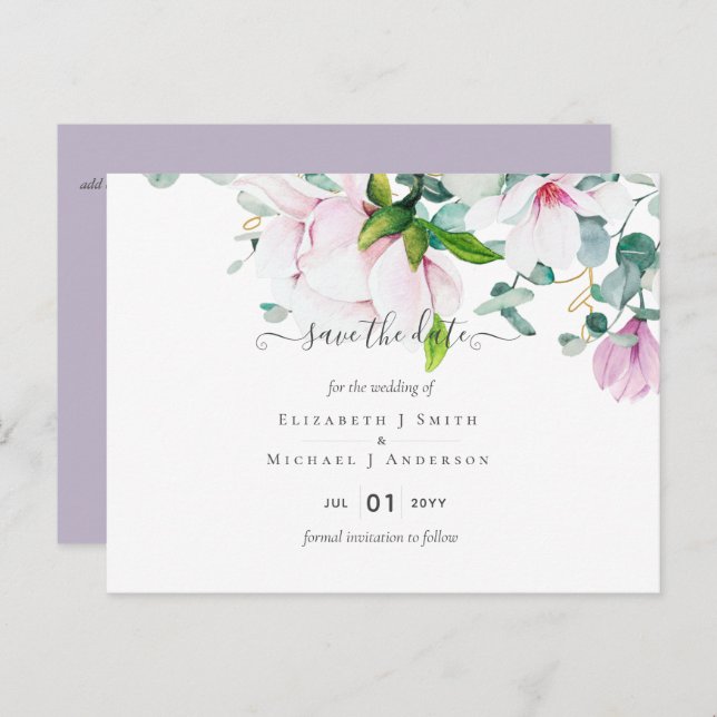 Pink Magnolias Lavender Eucalyptus Save Dates Post Postcard (Front/Back)